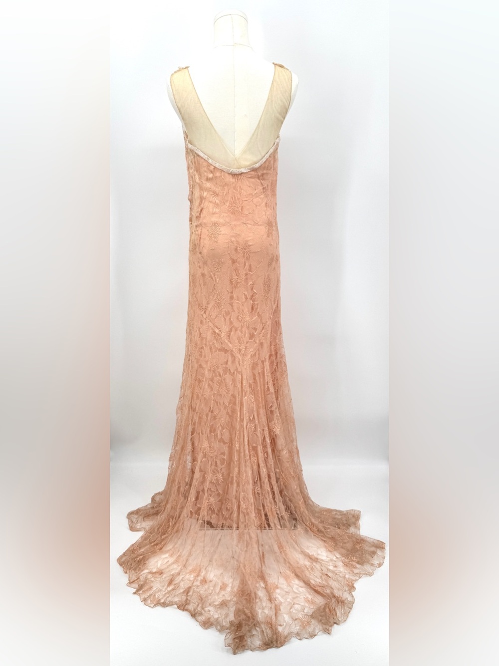 Antique 1930 Lace Silk Formal Dress with Train - Picture 4 of 12